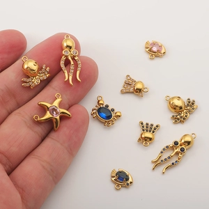 18K gold plated ocean creature charms with sparkling zircon octopus and starfish