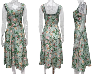Three views showing front, back, and side of a floral summer dress with wide straps