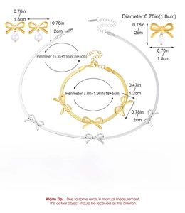 Detailed dimensions of stainless steel bow jewelry set with necklace and earrings