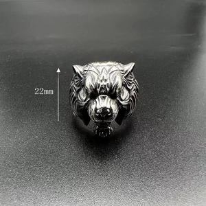 Close-up of vintage silver tiger head ring showing 22mm height and punk texture