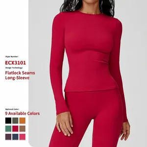 Women's Slim Fit Brushed Long Sleeve Yoga Top Crew Neck Athletic Gym Workout T-Shirt For Running Sports Nylon Spandex