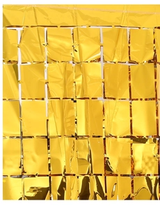 Detailed macro texture of a shimmering golden foil square fringe curtain for party backdrops