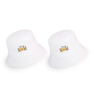 White cotton bucket hat featuring Blessed MOM leopard print and sunflower graphic design