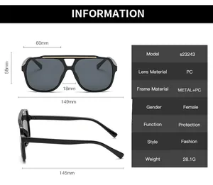 Detailed dimension guide for aviator sunglasses with lens width and frame measurements