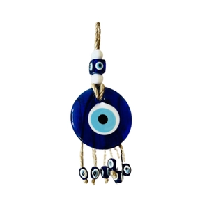 Blue glass evil eye wall hanging charm with beads and jute rope for home decoration