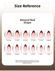 Size chart for almond shaped press-on nails with 12 dimensions and 24 pieces included