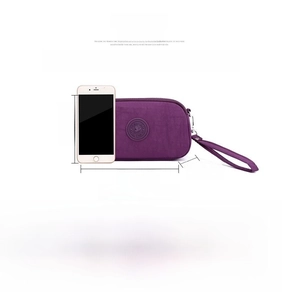Detailed size specifications for purple nylon crossbody bag showing 18x11x7cm dimensions