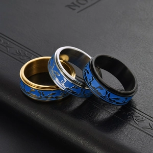 Lot de bagues rotatives pour hommes en or, argent, noir avec motif dragon bleu sur cuir noir