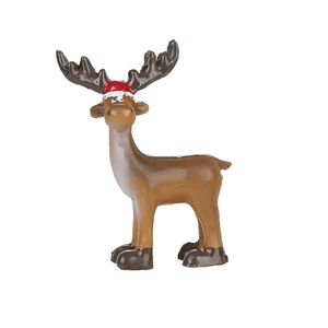 Mini figurine de renne de Noël en résine peinte avec bonnet rouge et grands bois