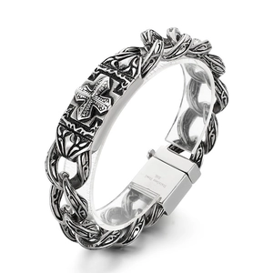 Men's retro 316L stainless steel chain bracelet with cross pattern and folding clasp
