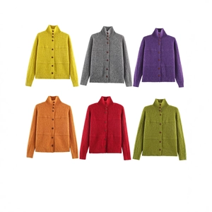 Women Knit Cardigan Sweater Stand Collar Solid Color Long Sleeve Button Up Soft Casual Warm Outerwear Polyester Tops