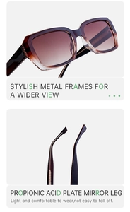 Detail view of brown gradient sunglasses with propionate frame and sturdy metal temples