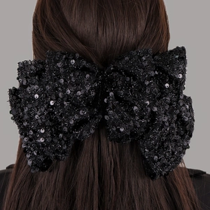 Oversized Black Sequin Bow Hair Clip Sparkling Fabric Spring Clip For Women Girls Sweet Princess Style Hairpin