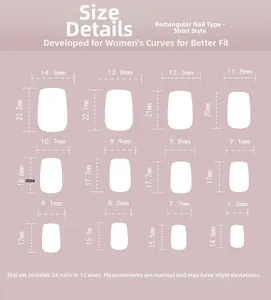 Tableau des tailles montrant la largeur et longueur de 24 faux ongles carrés