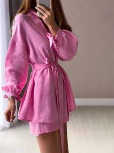 Vêtement Femme Coton Lin Haut Manches Longues À Nouer Et Short Taille Haute Mode Décontractée Manches Lanterne