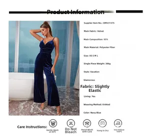 Detail of navy blue velvet wide-leg jumpsuit with v-neck and pleated waist details