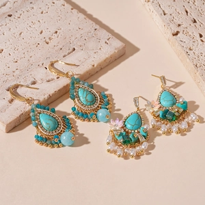 Teardrop Dangle Earrings Vintage Flower Zircon Glass Turquoise Imitation Artificial Pearl 925 Sterling Silver Earring Post Women