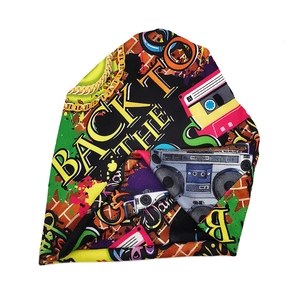 Detail of Back to the 80s graffiti print on a warm knit beanie with retro radio design
