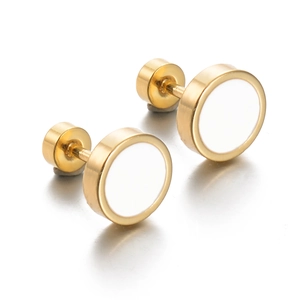 Detailed view of round gold stainless steel stud earrings with white pearl inlay