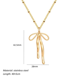 Golden stainless steel bow pendant necklace with 45cm chain and product dimensions