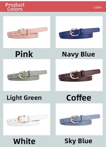 Detail view of thin women's belts with golden horse-shoe buckles in six assorted colors