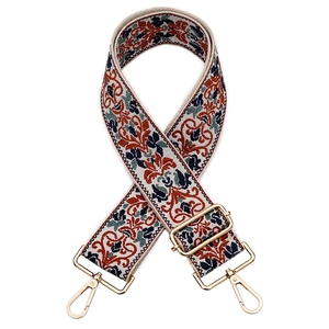 Detail of jacquard embroidered purse strap with golden metal swivel lobster clasps