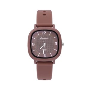 Macro shot of coffee brown square quartz watch with textured dial and silicone strap