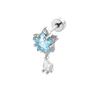Silver star stud earring with blue and white zircon and a teardrop pendant detail