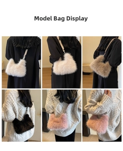 Collage of plush crossbody bags in cream, khaki, brown, black, and pink colors