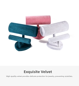 Three velvet T-bar jewelry stands for headbands and bracelets in pink, grey and navy