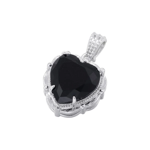 Macro shot of silver heart pendant featuring a black gemstone and micro-paved crystals