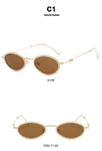 Detailed views of gold oval sunglasses featuring a crystal-embellished frame and brown lenses