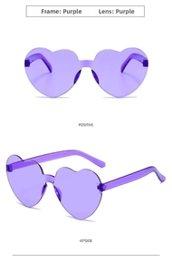 Detail view of purple rimless heart-shaped sunglasses from front and side angles