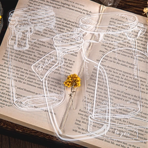 Retro PET-Glasaufkleber mit weißer Strichzeichnung auf Vintage-Buch und Trockenblumen