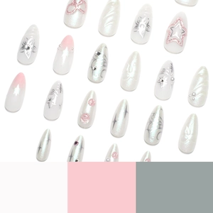 3D star press-on nails with aurora white base, pink glitter gradient, and pearl accents