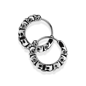 Punk style silver-black stainless steel hoop earrings with skull relief for men