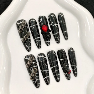 Handmade Press On Nails Long Stiletto Black White Marble Crackle Gothic Dark Punk Embossed Spider Snake Decor Rhinestone