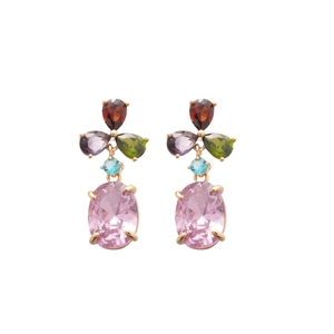 Elegant drop earrings with colorful zircon stones in a floral gold-plated setting
