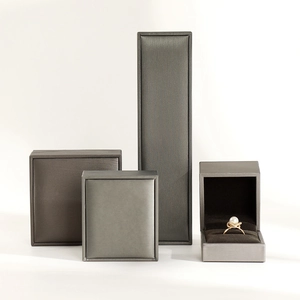 Gray brushed PU leather jewelry gift box set with premium black velvet lining for rings
