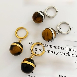 Retro tiger eye stone spherical drop earrings with gold and silver round hoops