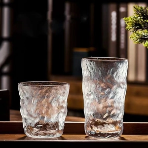 Japanese glacier textured heat-resistant glass cups on a wooden tray set of two