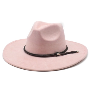 Detail of light pink faux suede fedora hat with brown braided cord and silver buckle