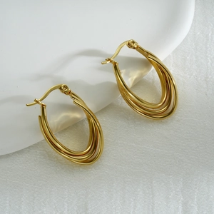 Triple Layer Hoop Earrings Stainless Steel 18K Gold Plated U Shaped Oval Geometric Fashion Jewelry For Women