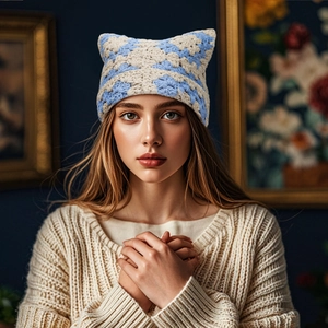 Close-up of blue and beige handmade crochet knit beanie featuring cute cat ears design