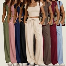 Collage of ribbed knit sets showing diverse colors of crop tops and high waist wide leg pants