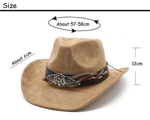 Detail of camel faux suede cowboy hat showing 57-58cm size and USA metal emblem