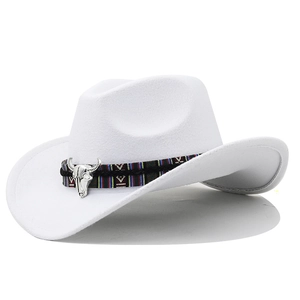 Detail of white felt cowboy hat with ethnic geometric band and silver bull skull buckle