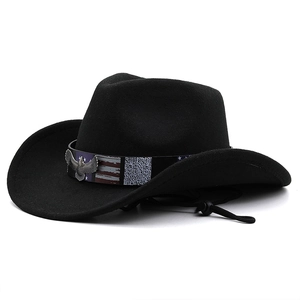 Classic black wool western cowboy hat with decorative eagle buckle and chin strap