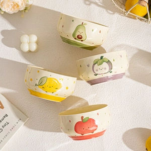 Set of 4 cute cartoon fruit ceramic bowls with avocado, mangosteen, lemon, and apple prints