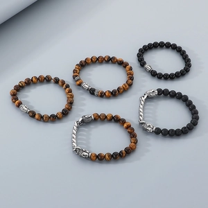 Retro Buddha Head Beaded Bracelet Tiger Eye Stone Lava Rock Obsidian Alloy Cuban Link Chain Ethnic Zen Men Unisex